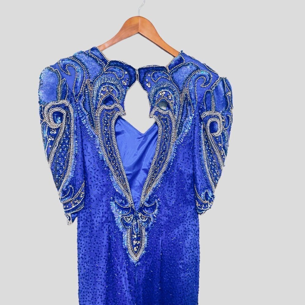 Linzas Vintage Y2K Straight Dress Gown Size Medium Blue Silk Sequined - Picture 5 of 10